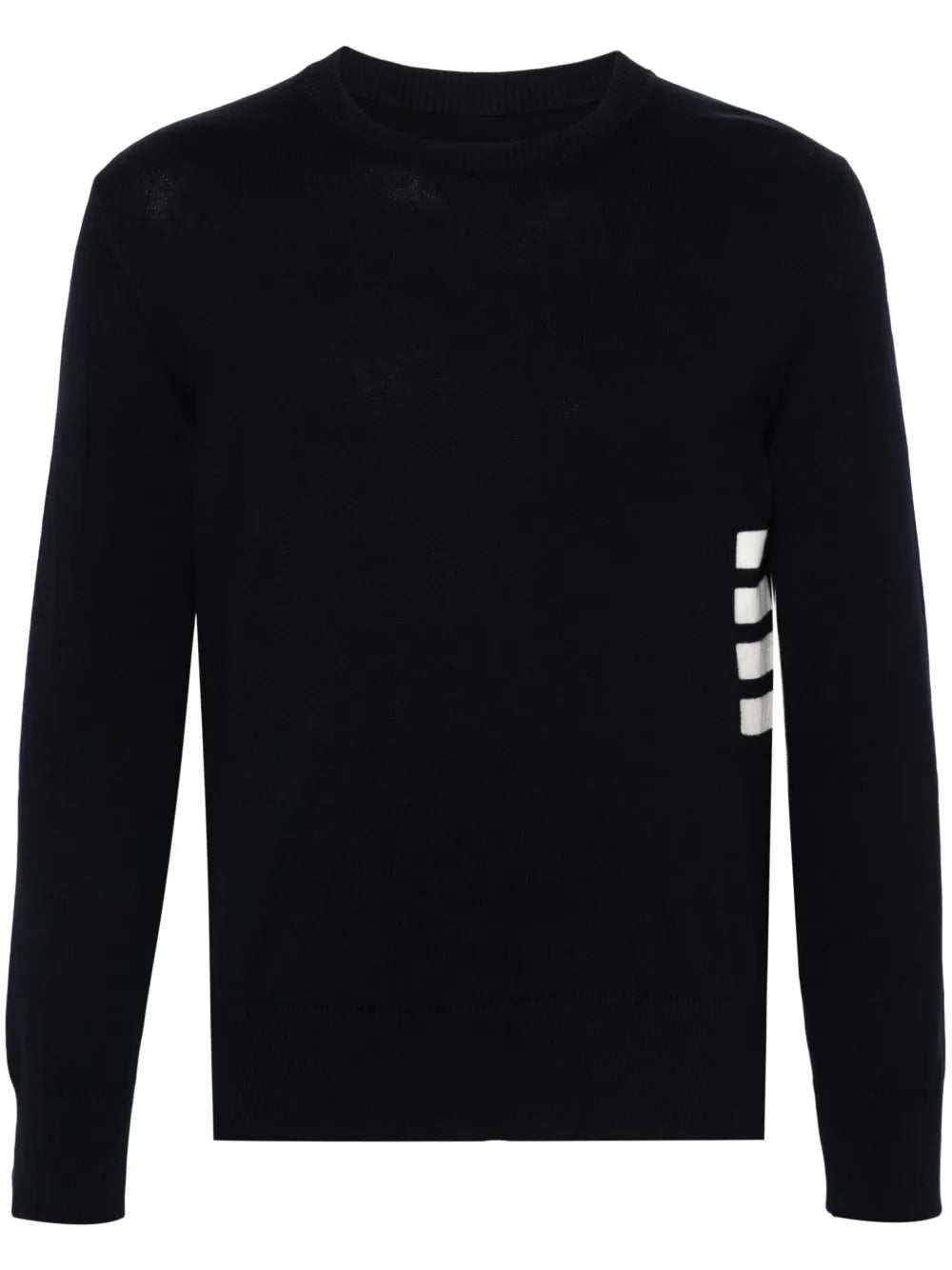 Thom Browne Men navy blue cotton 4-stripe detail sweater with ribbed crewneck and buttoned cuffs