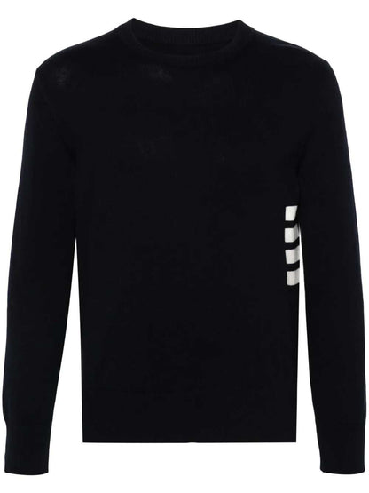 Thom Browne Men navy blue cotton 4-stripe detail sweater with ribbed crewneck and buttoned cuffs