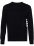 Thom Browne Men navy blue cotton 4-stripe detail sweater with ribbed crewneck and buttoned cuffs