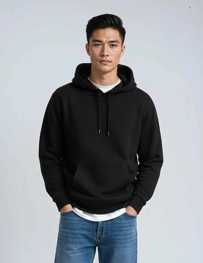 Heavyweight hoodie pullover in cotton-polyester blend with durable seams and ribbed cuffs for warmth and comfort