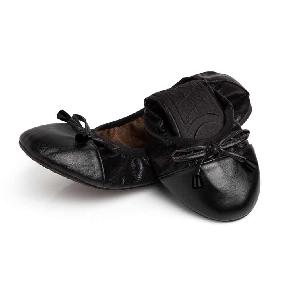 Premium black flats with shimmer, soft elastic trim, and cushioned rubber sole for all-day comfort and style